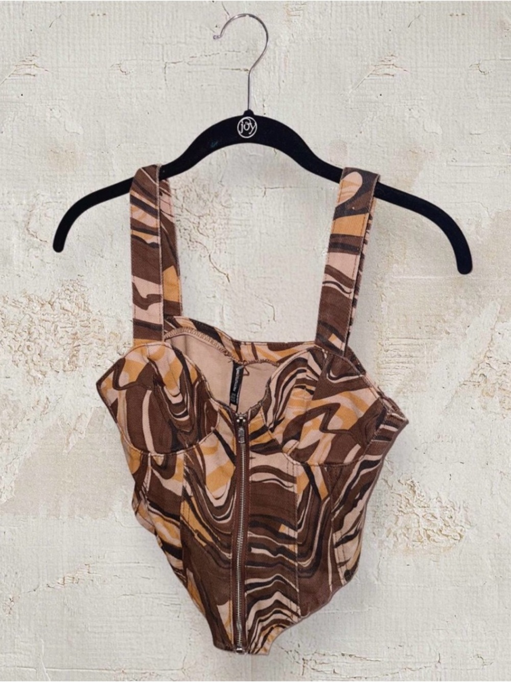 PrettyLittleThing Brown and Orange Patterned Zip-Up Corset Top